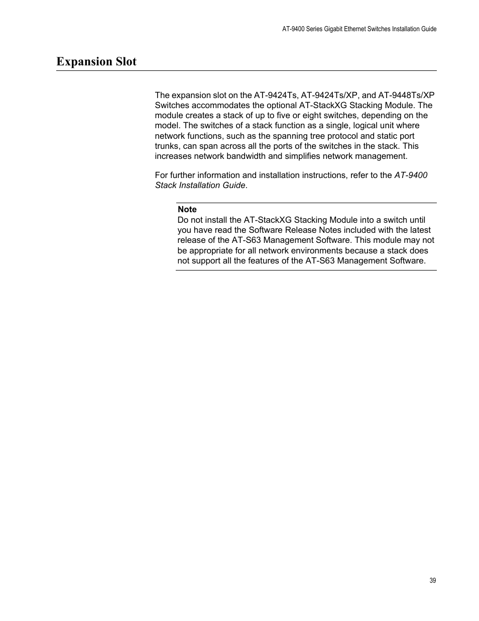 Expansion slot | Allied Telesis AT-9448Ts/XP (Basic Layer 3) User Manual | Page 39 / 84