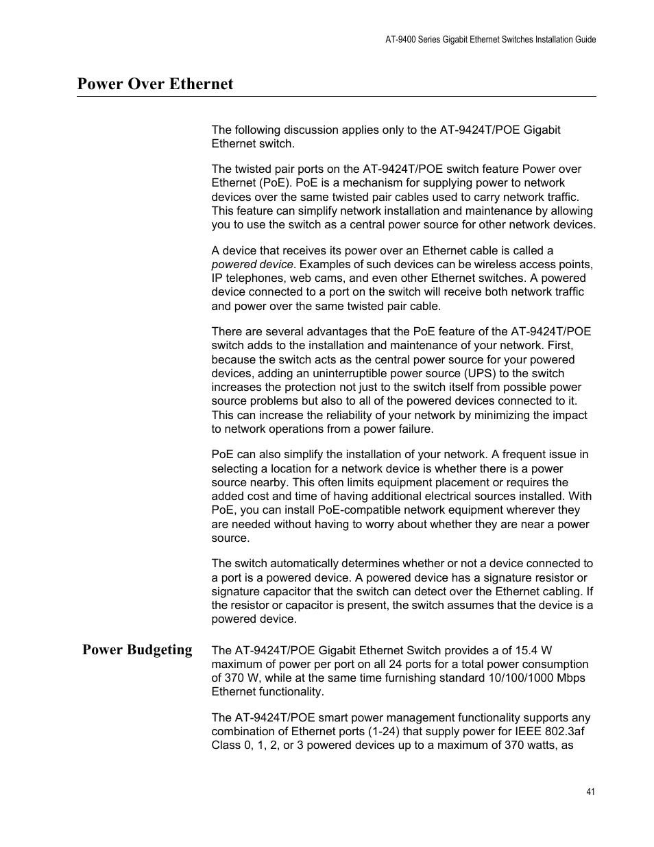 Power over ethernet, Power budgeting | Allied Telesis AT-9448Ts/XP (Basic Layer 3) User Manual | Page 41 / 84