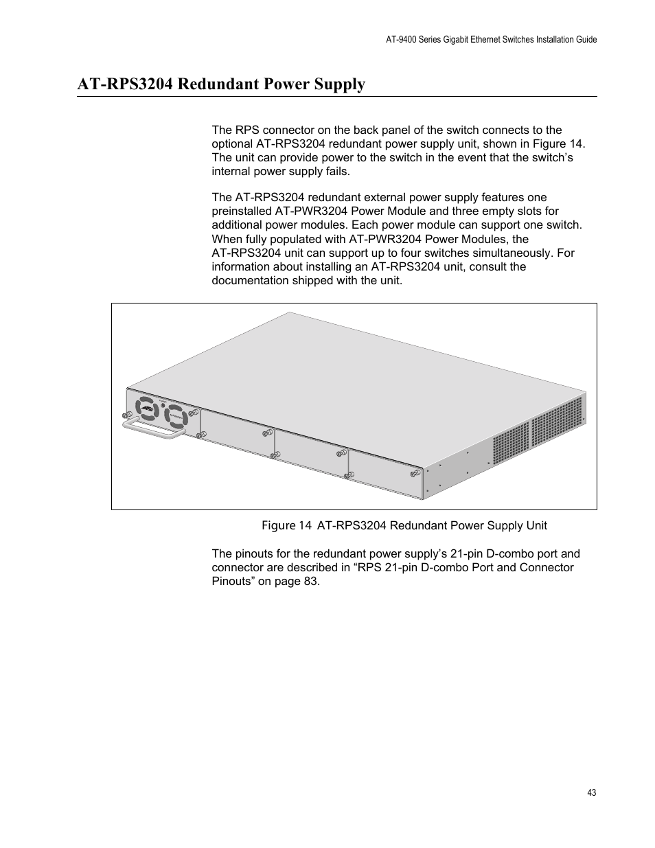 At-rps3204 redundant power supply, Figure 14 | Allied Telesis AT-9448Ts/XP (Basic Layer 3) User Manual | Page 43 / 84