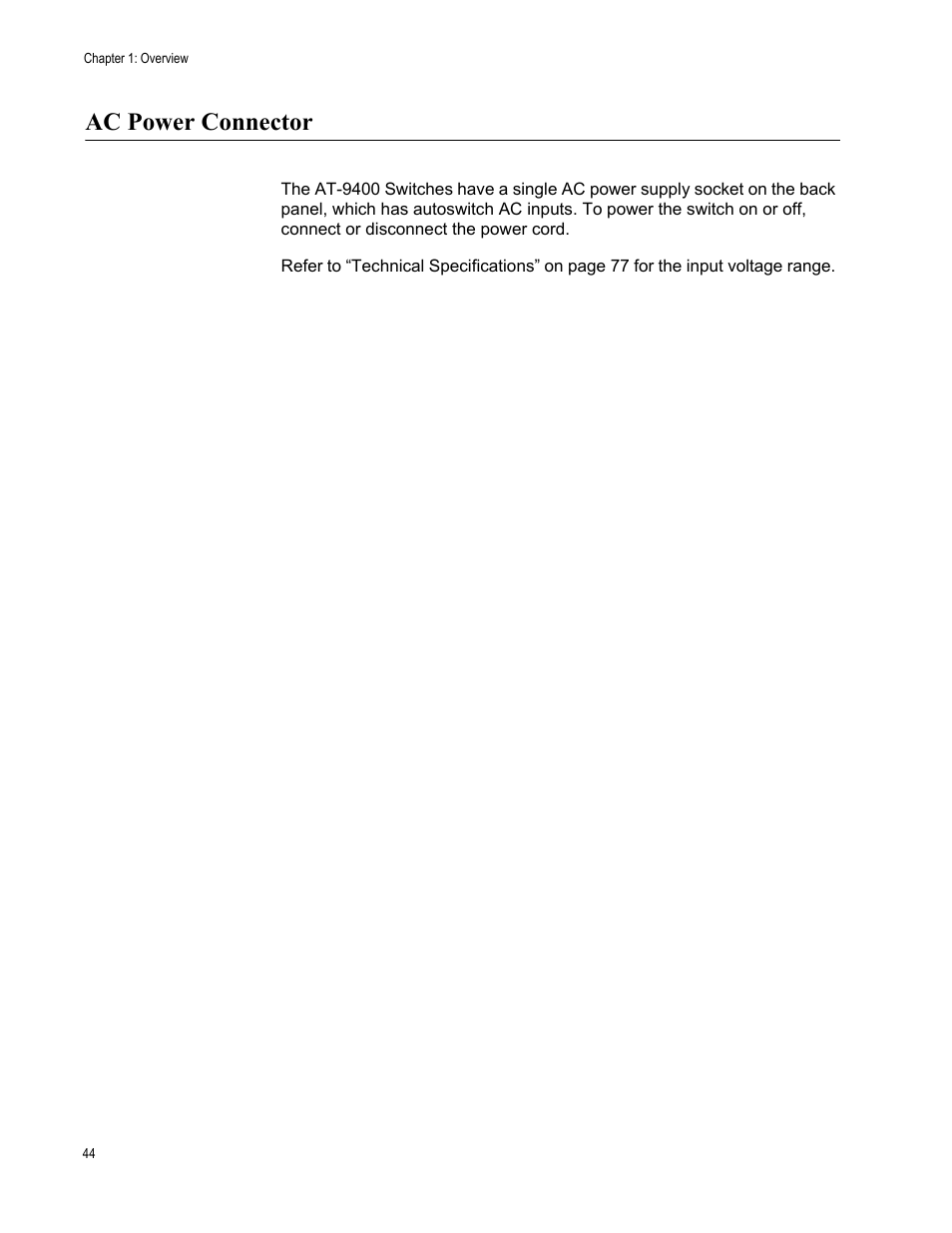 Ac power connector | Allied Telesis AT-9448Ts/XP (Basic Layer 3) User Manual | Page 44 / 84