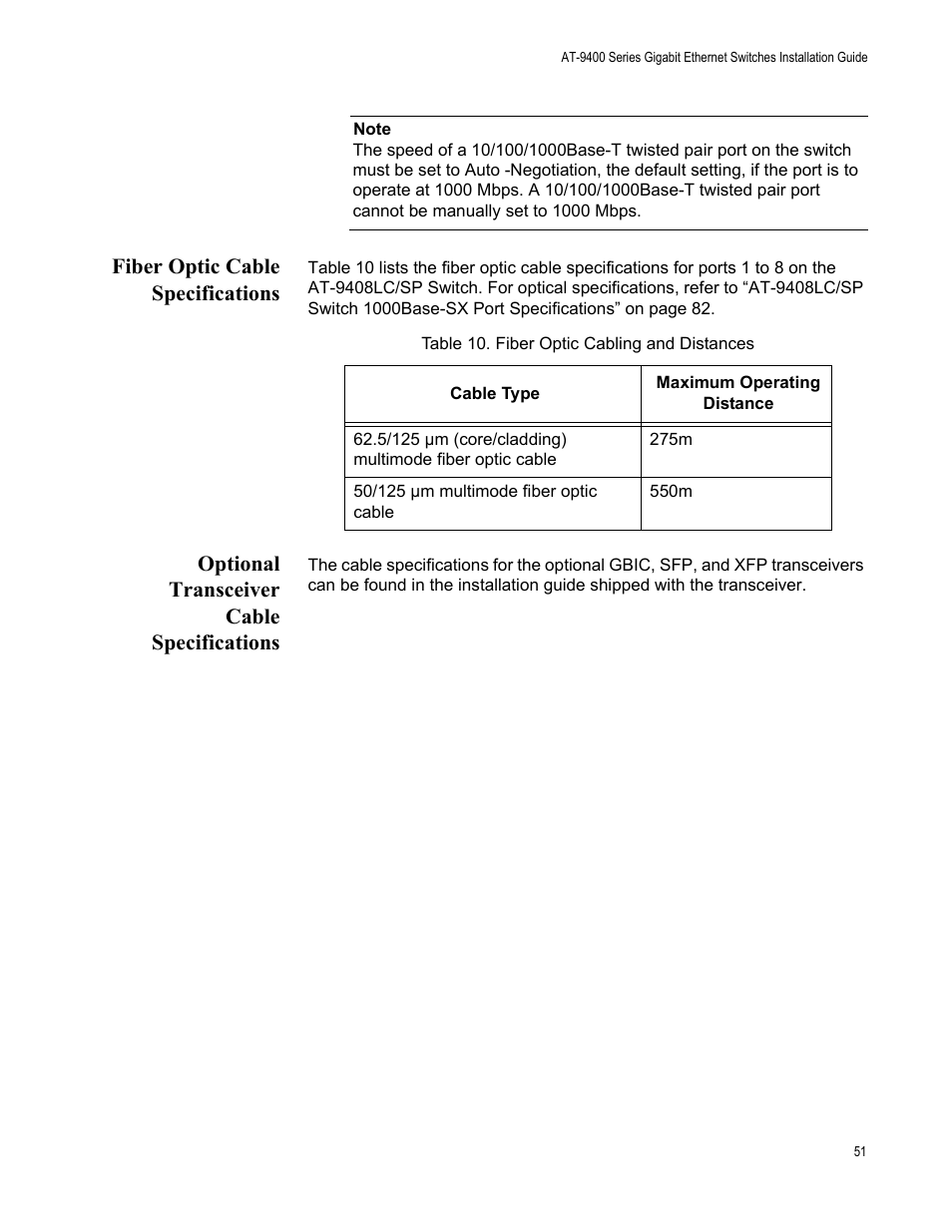 Fiber optic cable specifications, Optional transceiver cable specifications | Allied Telesis AT-9448Ts/XP (Basic Layer 3) User Manual | Page 51 / 84