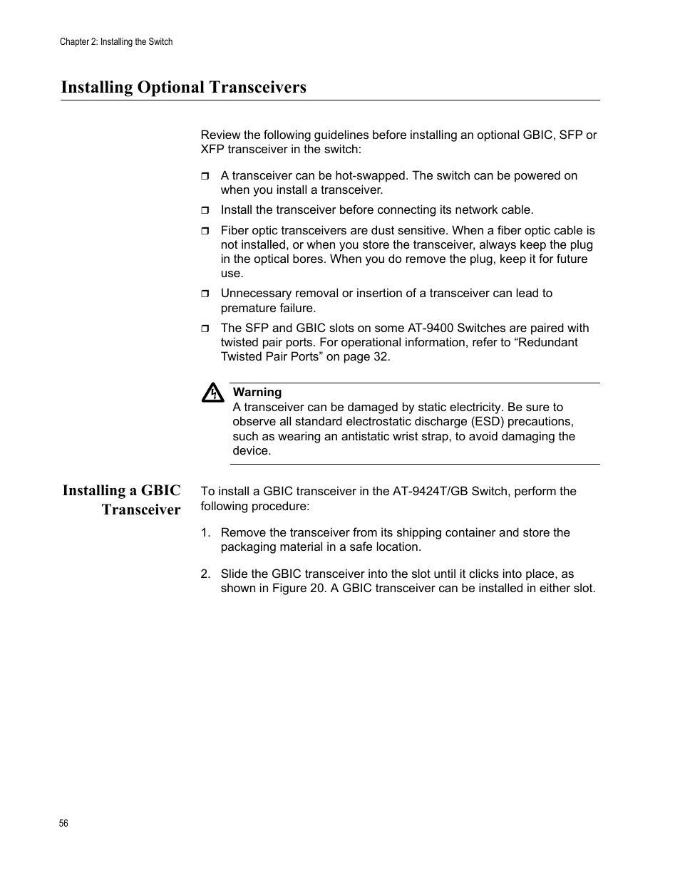 Installing optional transceivers, Installing a gbic transceiver | Allied Telesis AT-9448Ts/XP (Basic Layer 3) User Manual | Page 56 / 84