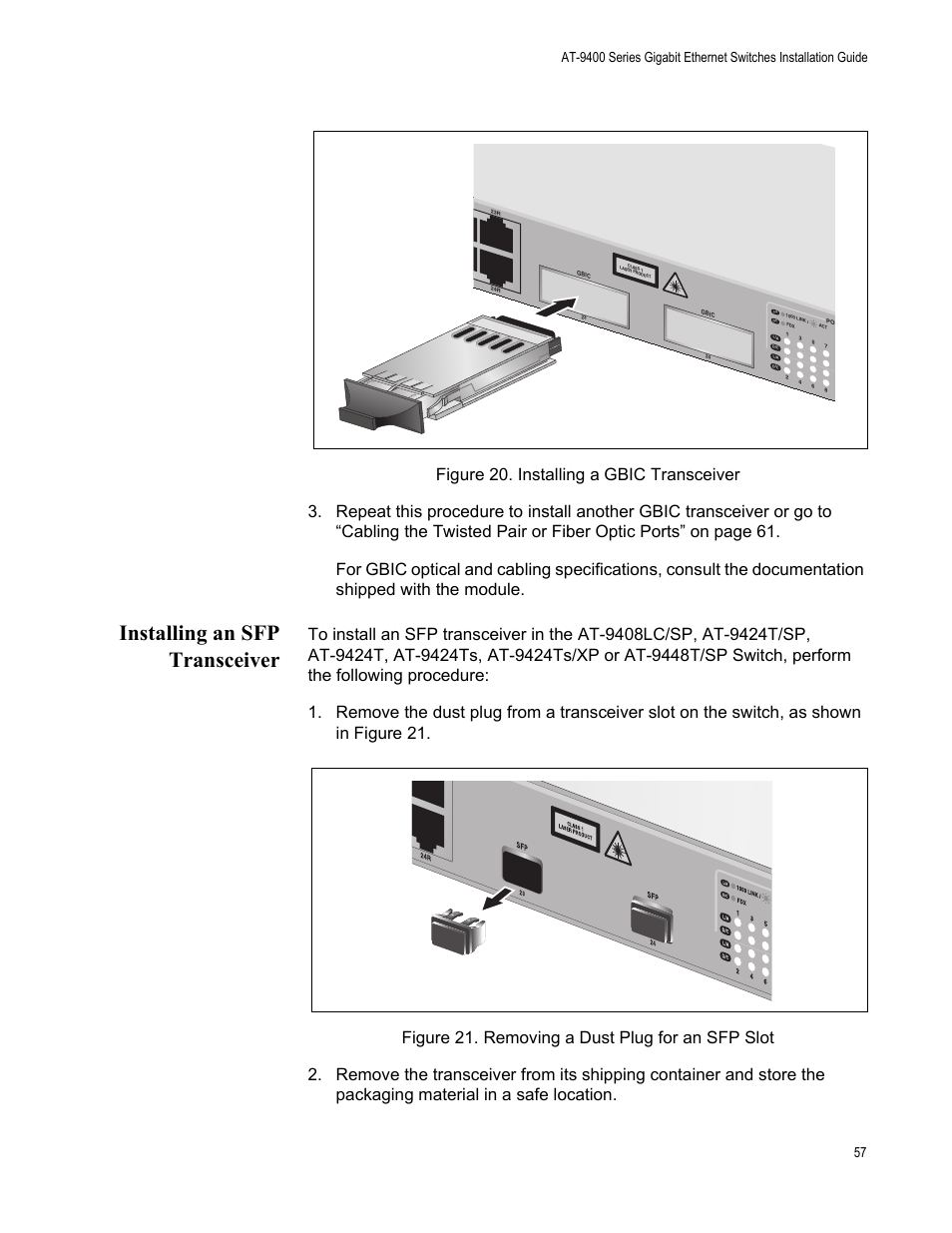 Installing an sfp transceiver | Allied Telesis AT-9448Ts/XP (Basic Layer 3) User Manual | Page 57 / 84