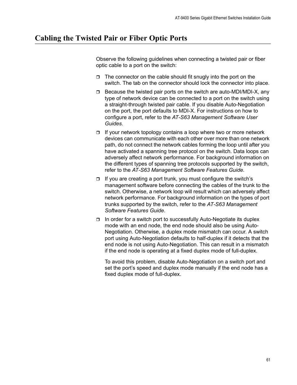 Cabling the twisted pair or fiber optic ports | Allied Telesis AT-9448Ts/XP (Basic Layer 3) User Manual | Page 61 / 84