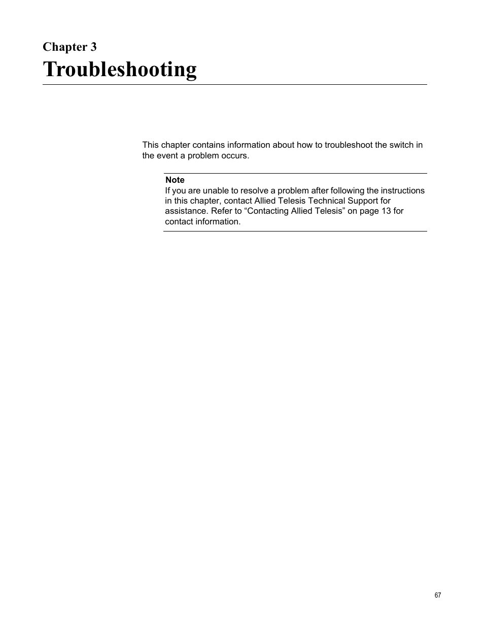 Chapter 3, Troubleshooting, R 3: troubleshooting | Allied Telesis AT-9448Ts/XP (Basic Layer 3) User Manual | Page 67 / 84