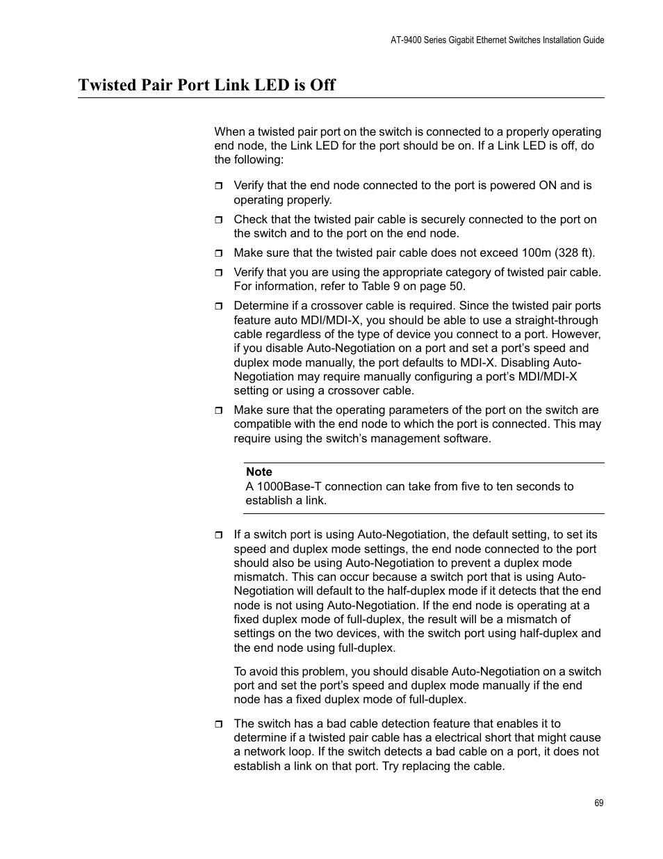 Twisted pair port link led is off | Allied Telesis AT-9448Ts/XP (Basic Layer 3) User Manual | Page 69 / 84
