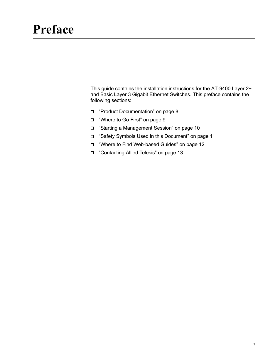 Preface | Allied Telesis AT-9448Ts/XP (Basic Layer 3) User Manual | Page 7 / 84