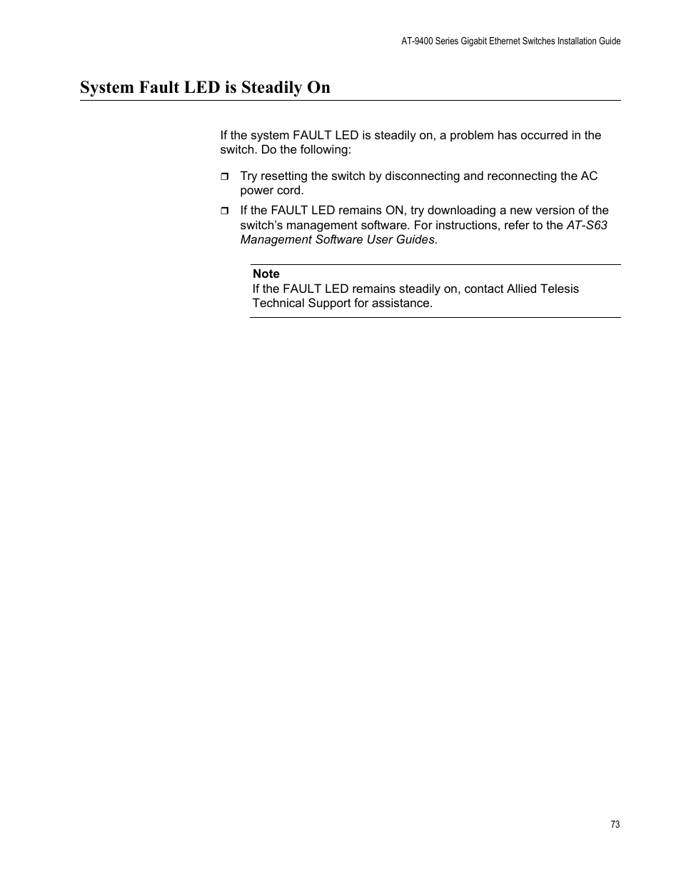 System fault led is steadily on | Allied Telesis AT-9448Ts/XP (Basic Layer 3) User Manual | Page 73 / 84