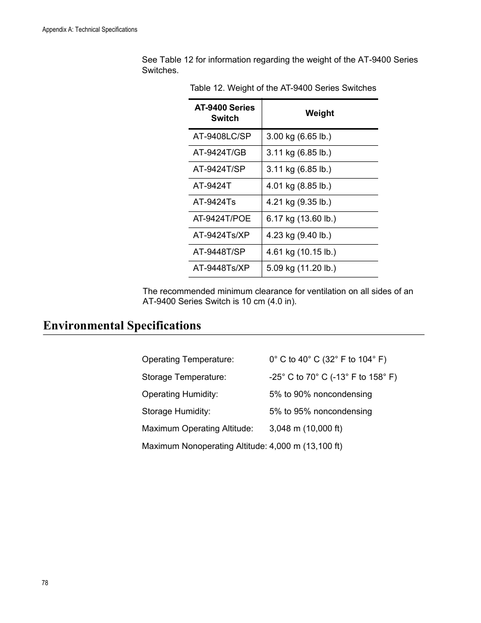 Environmental specifications | Allied Telesis AT-9448Ts/XP (Basic Layer 3) User Manual | Page 78 / 84