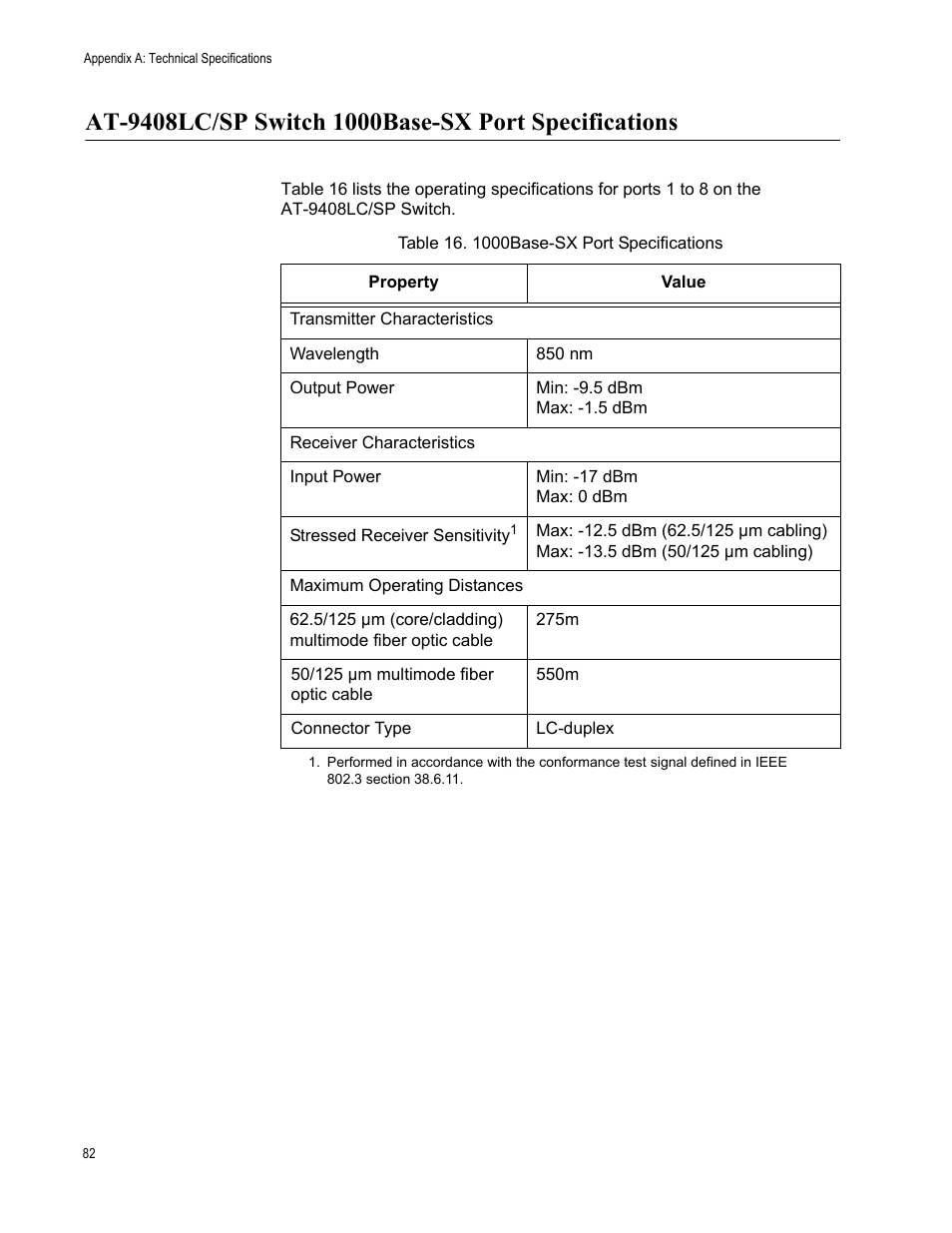 At9408lc/sp switch 1000base-sx port specifications | Allied Telesis AT-9448Ts/XP (Basic Layer 3) User Manual | Page 82 / 84