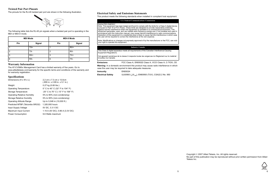 Twisted pair port pinouts, Warranty information, Specifications | Electrical safety and emissions statements | Allied Telesis AT-CV5M0x User Manual | Page 2 / 2