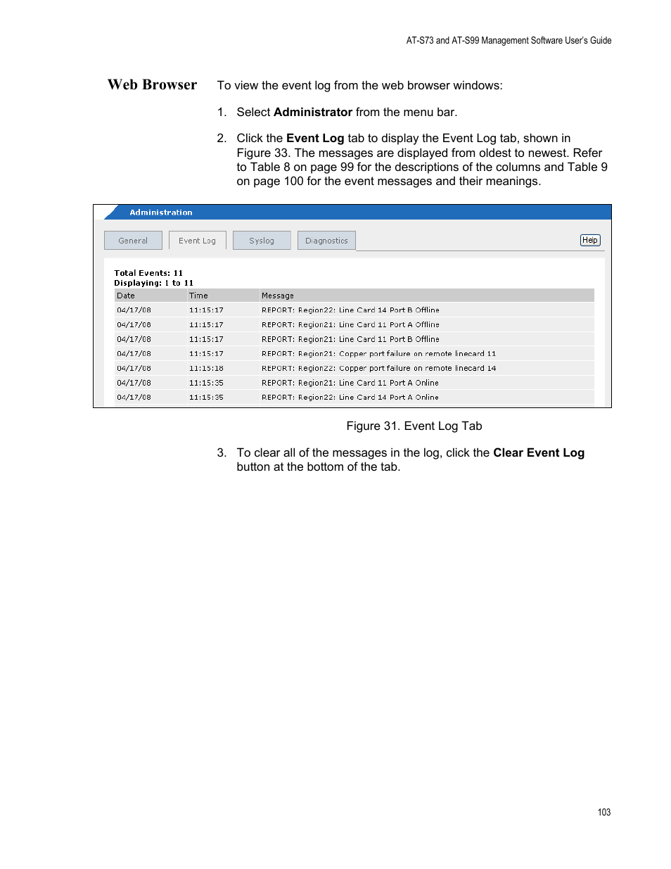 Web browser, Figure 32. event log tab | Allied Telesis AT-S99 User Manual | Page 103 / 320