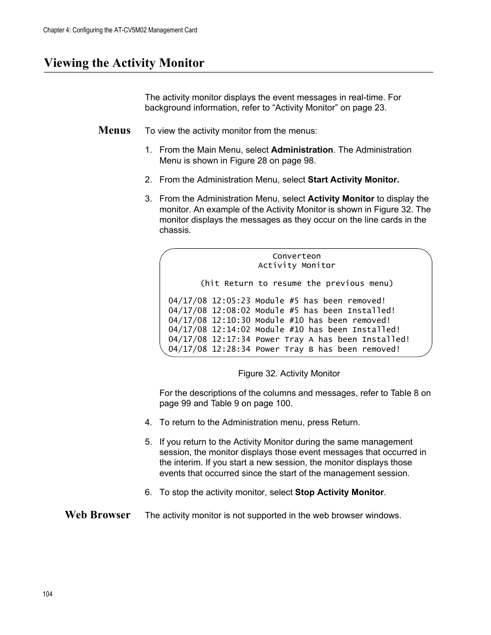 Viewing the activity monitor, Menus, Web browser | Menus web browser, Figure 33. activity monitor | Allied Telesis AT-S99 User Manual | Page 104 / 320