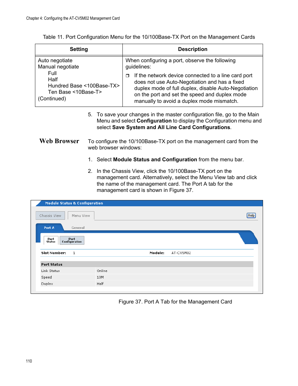 Web browser, Figure 38. port a tab for the management card | Allied Telesis AT-S99 User Manual | Page 110 / 320