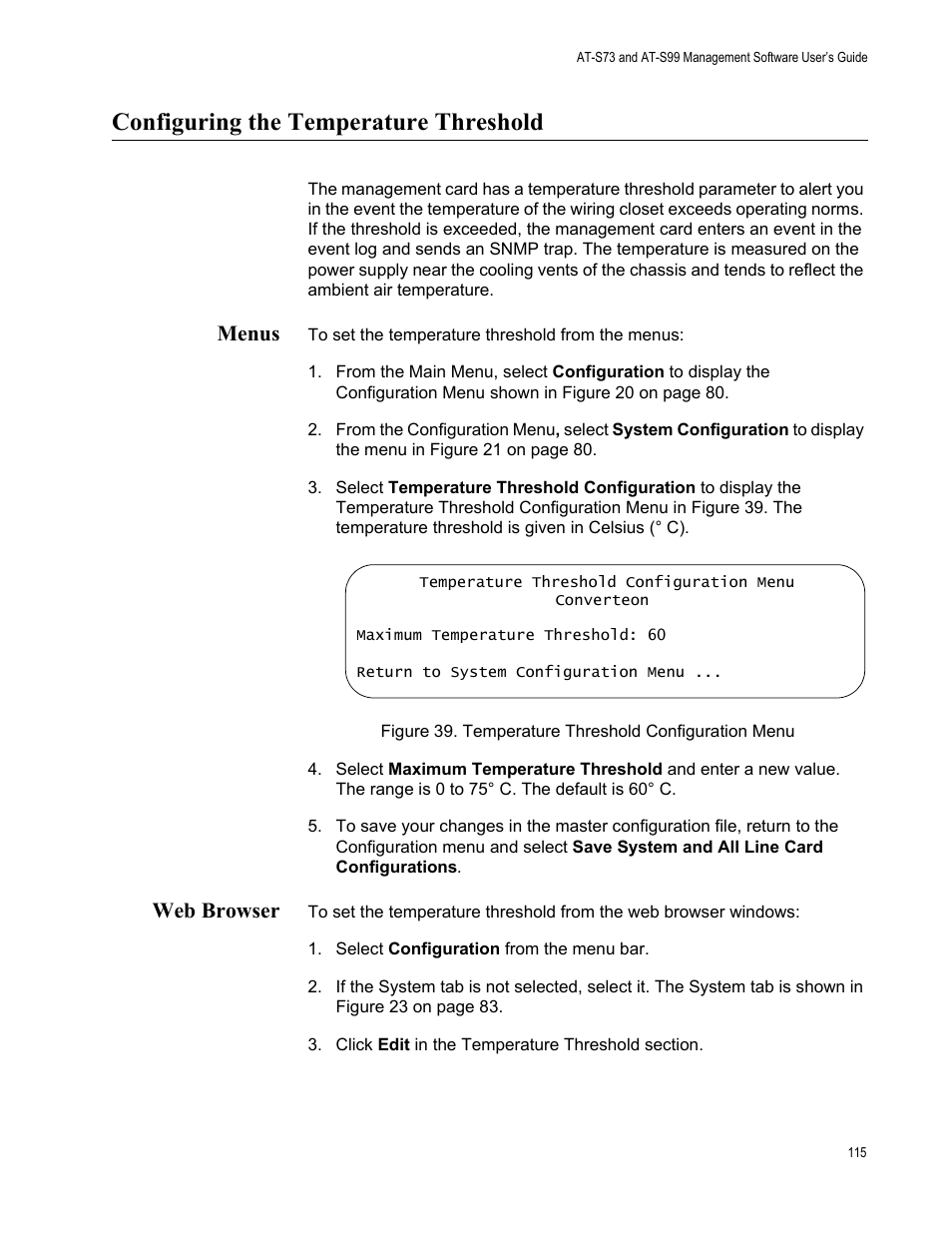 Configuring the temperature threshold, Menus, Web browser | Menus web browser | Allied Telesis AT-S99 User Manual | Page 115 / 320