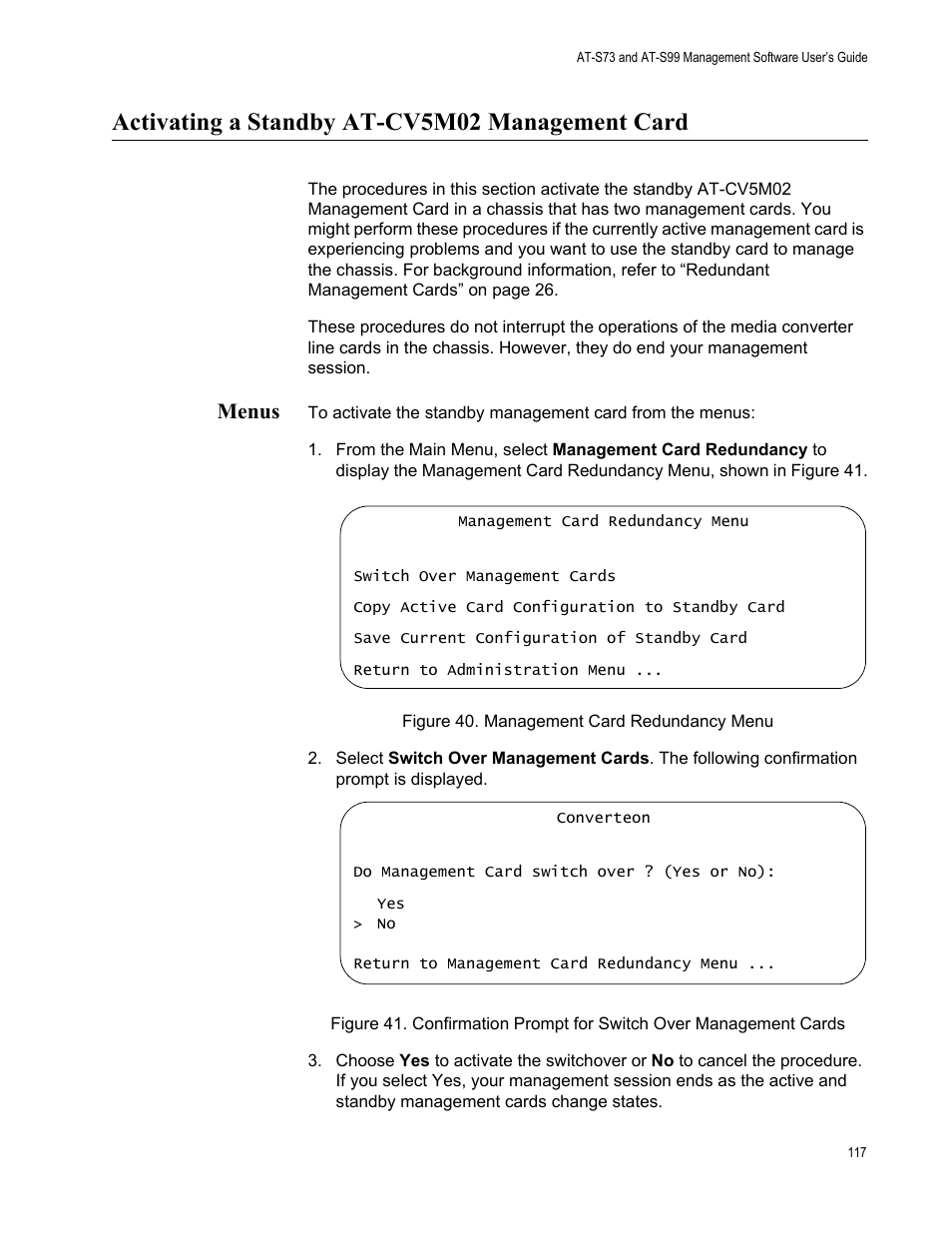 Activating a standby at-cv5m02 management card, Menus | Allied Telesis AT-S99 User Manual | Page 117 / 320