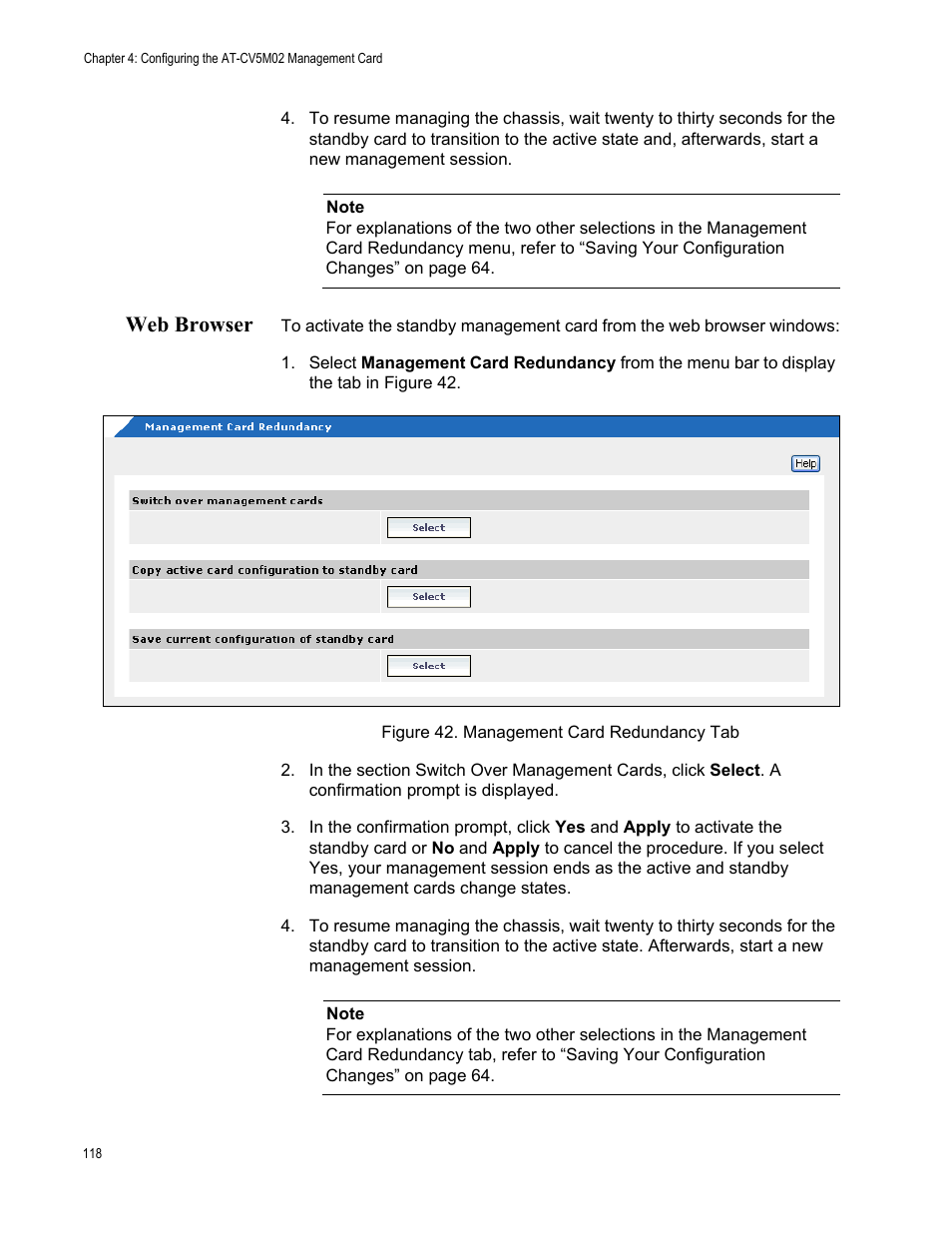 Web browser, Figure 43. management card redundancy tab | Allied Telesis AT-S99 User Manual | Page 118 / 320