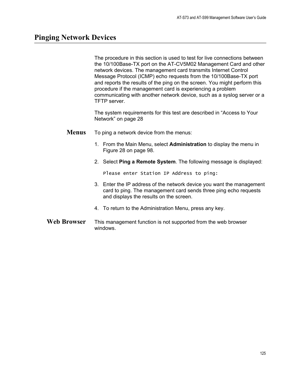 Pinging network devices, Menus, Web browser | Menus web browser | Allied Telesis AT-S99 User Manual | Page 125 / 320