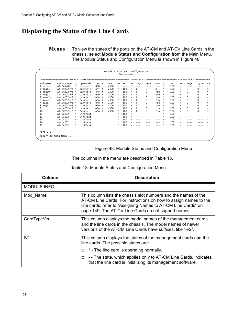 Displaying the status of the line cards, Menus, Figure 49. module status and configuration menu | Table 14. module status and configuration menu, The line card is operating normally | Allied Telesis AT-S99 User Manual | Page 128 / 320