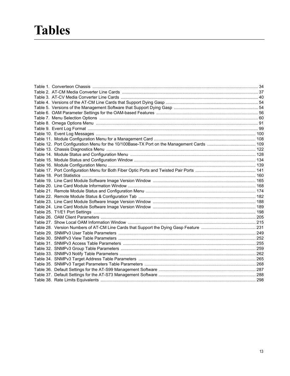 Tables | Allied Telesis AT-S99 User Manual | Page 13 / 320