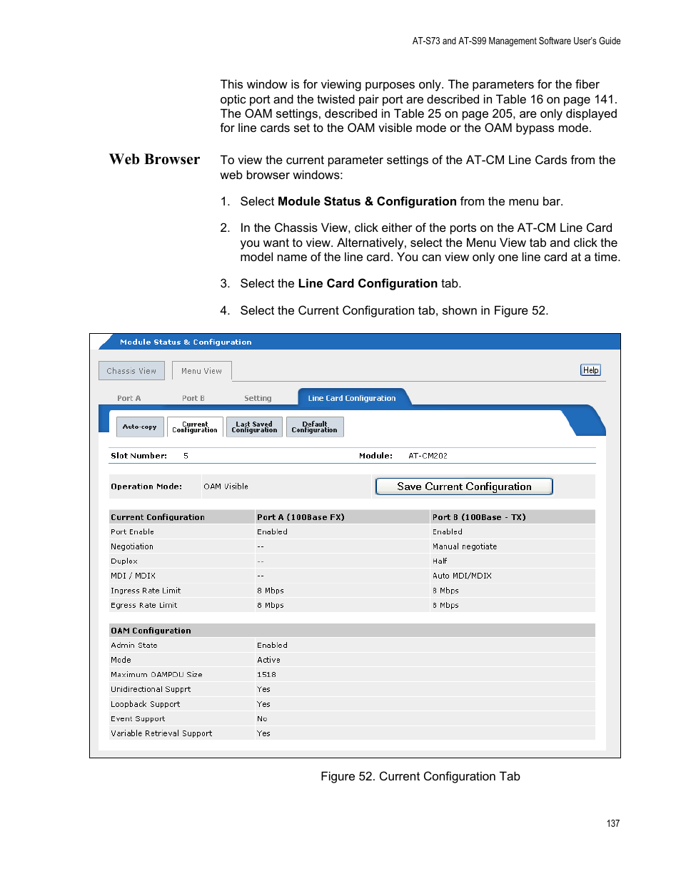 Web browser, Figure 53. current configuration tab | Allied Telesis AT-S99 User Manual | Page 137 / 320