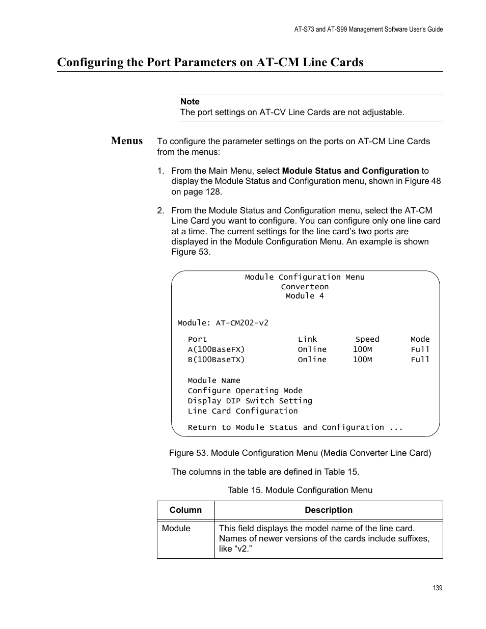 Menus, Table 16. module configuration menu | Allied Telesis AT-S99 User Manual | Page 139 / 320