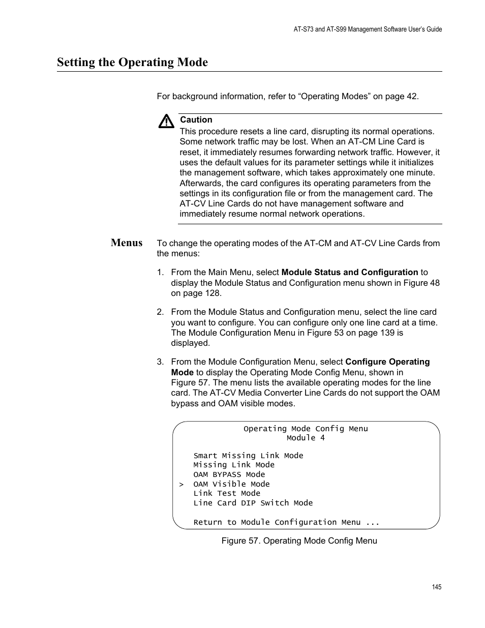 Setting the operating mode, Menus, Figure 58. operating mode config menu | Allied Telesis AT-S99 User Manual | Page 145 / 320