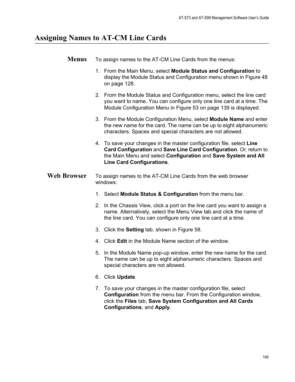 Assigning names to at-cm line cards, Menus, Web browser | Menus web browser | Allied Telesis AT-S99 User Manual | Page 149 / 320