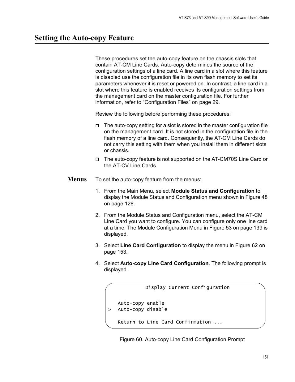 Setting the auto-copy feature, Menus | Allied Telesis AT-S99 User Manual | Page 151 / 320