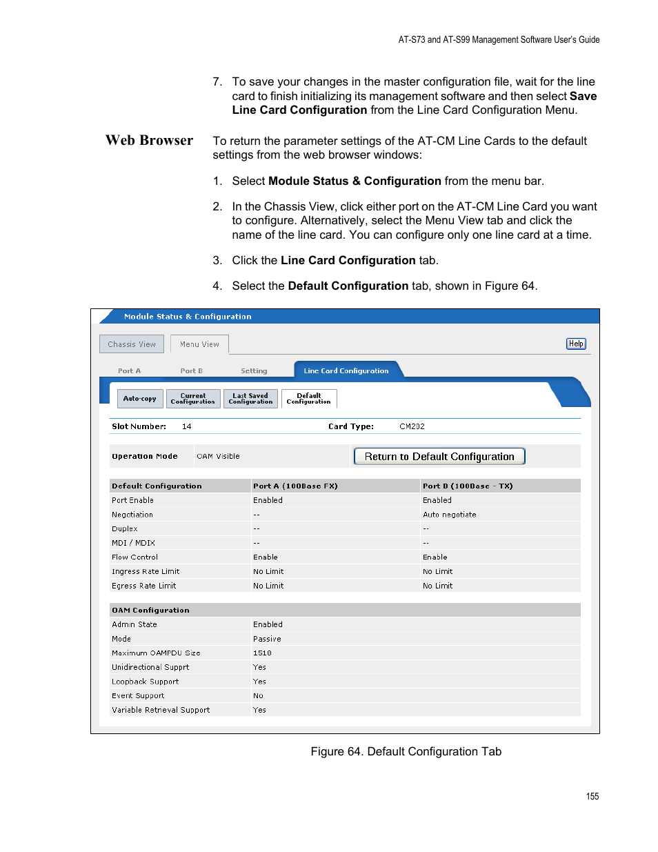 Web browser, Figure 65. default configuration tab | Allied Telesis AT-S99 User Manual | Page 155 / 320