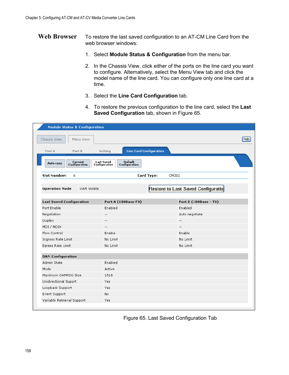 Web browser, Figure 66. last saved configuration tab | Allied Telesis AT-S99 User Manual | Page 158 / 320