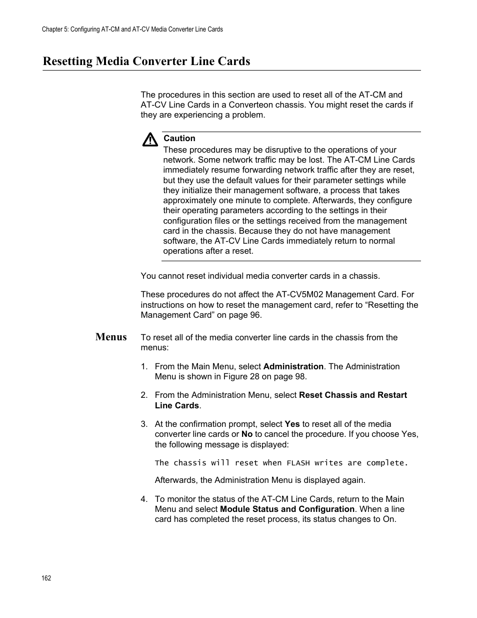 Resetting media converter line cards, Menus | Allied Telesis AT-S99 User Manual | Page 162 / 320