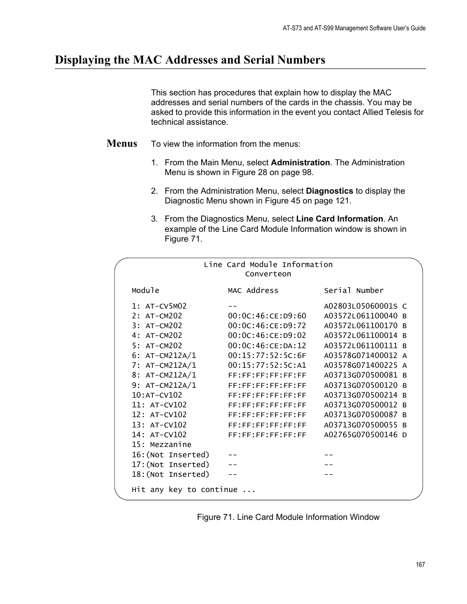 Displaying the mac addresses and serial numbers, Menus, Figure 72. line card module information window | Allied Telesis AT-S99 User Manual | Page 167 / 320