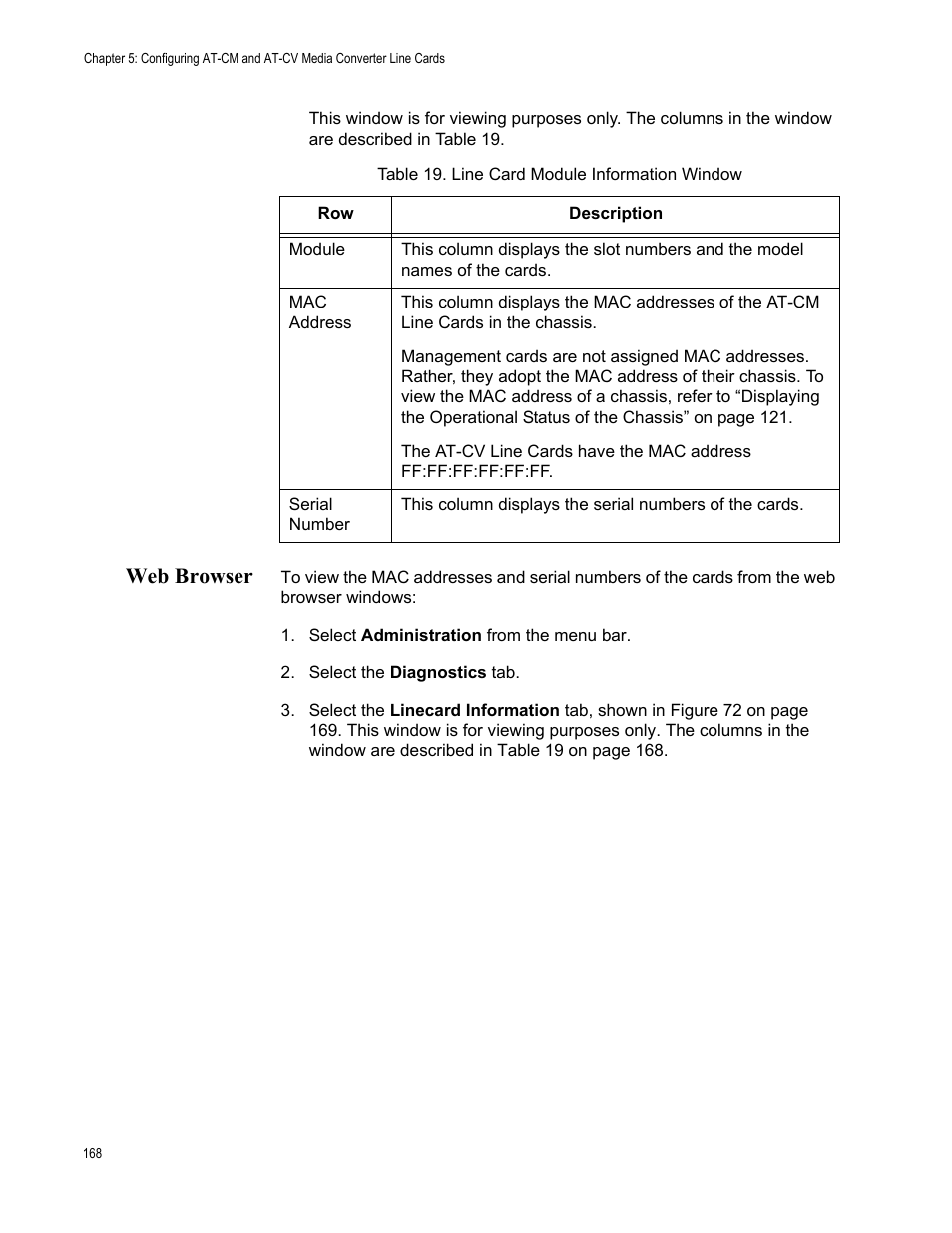 Web browser, Table 20. line card module information window | Allied Telesis AT-S99 User Manual | Page 168 / 320