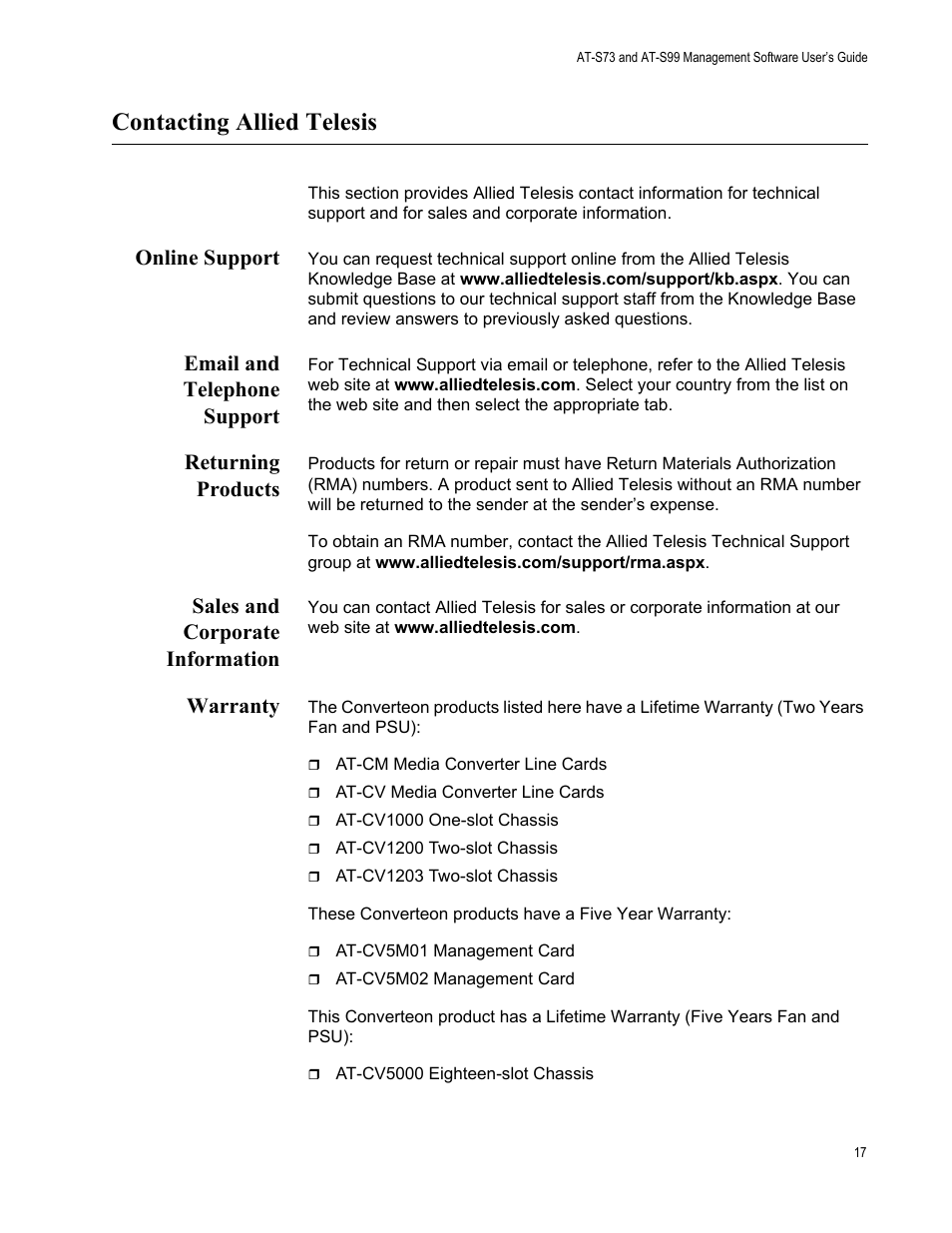 Contacting allied telesis, Online support, Email and telephone support | Returning products, Sales and corporate information, Warranty | Allied Telesis AT-S99 User Manual | Page 17 / 320