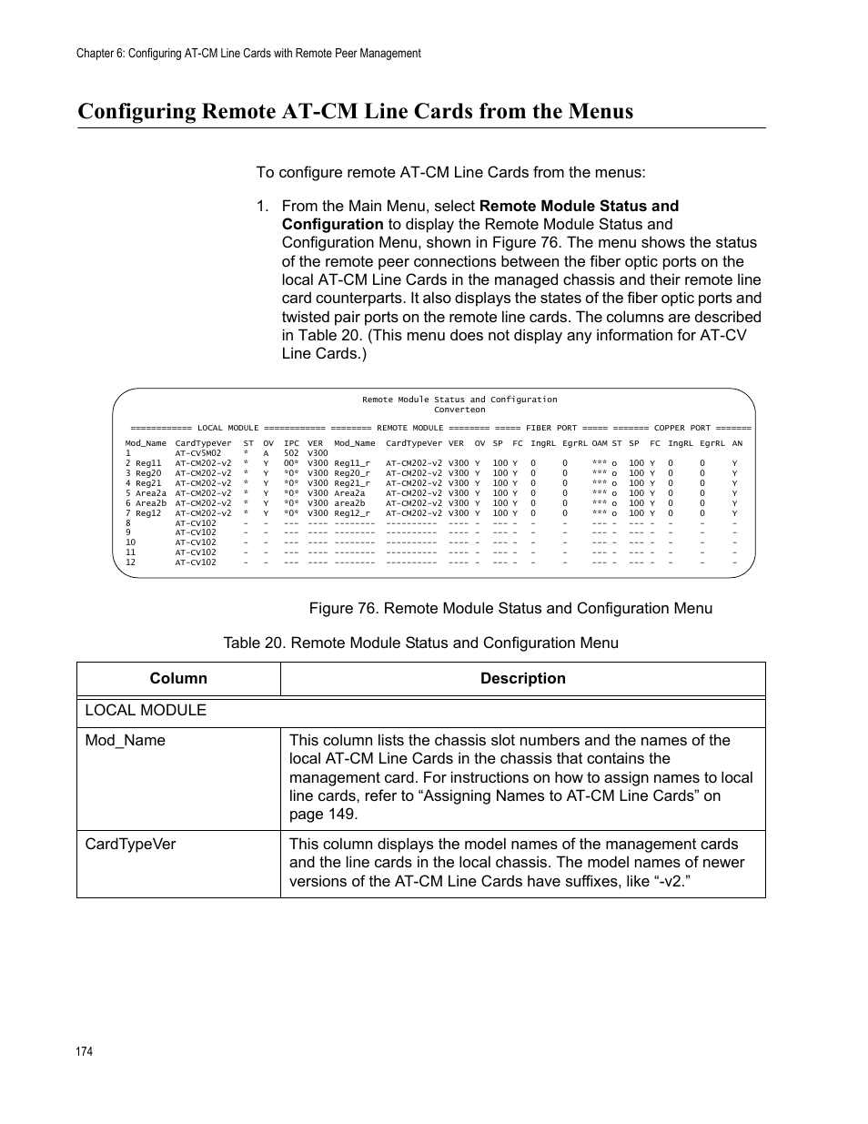 Configuring remote at-cm line cards from the menus | Allied Telesis AT-S99 User Manual | Page 174 / 320