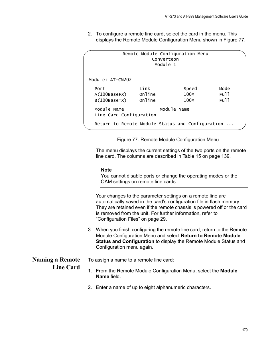 Naming a remote line card, Figure 78. remote module configuration menu | Allied Telesis AT-S99 User Manual | Page 179 / 320