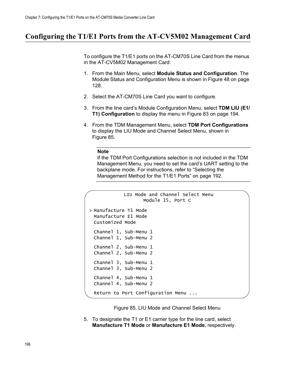 Figure 86. liu mode and channel select menu | Allied Telesis AT-S99 User Manual | Page 196 / 320