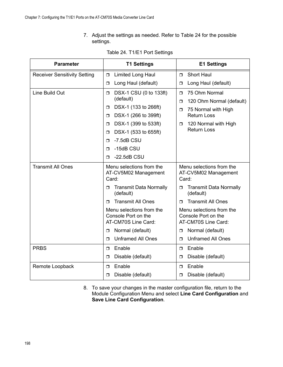 Table 25. t1/e1 port settings | Allied Telesis AT-S99 User Manual | Page 198 / 320
