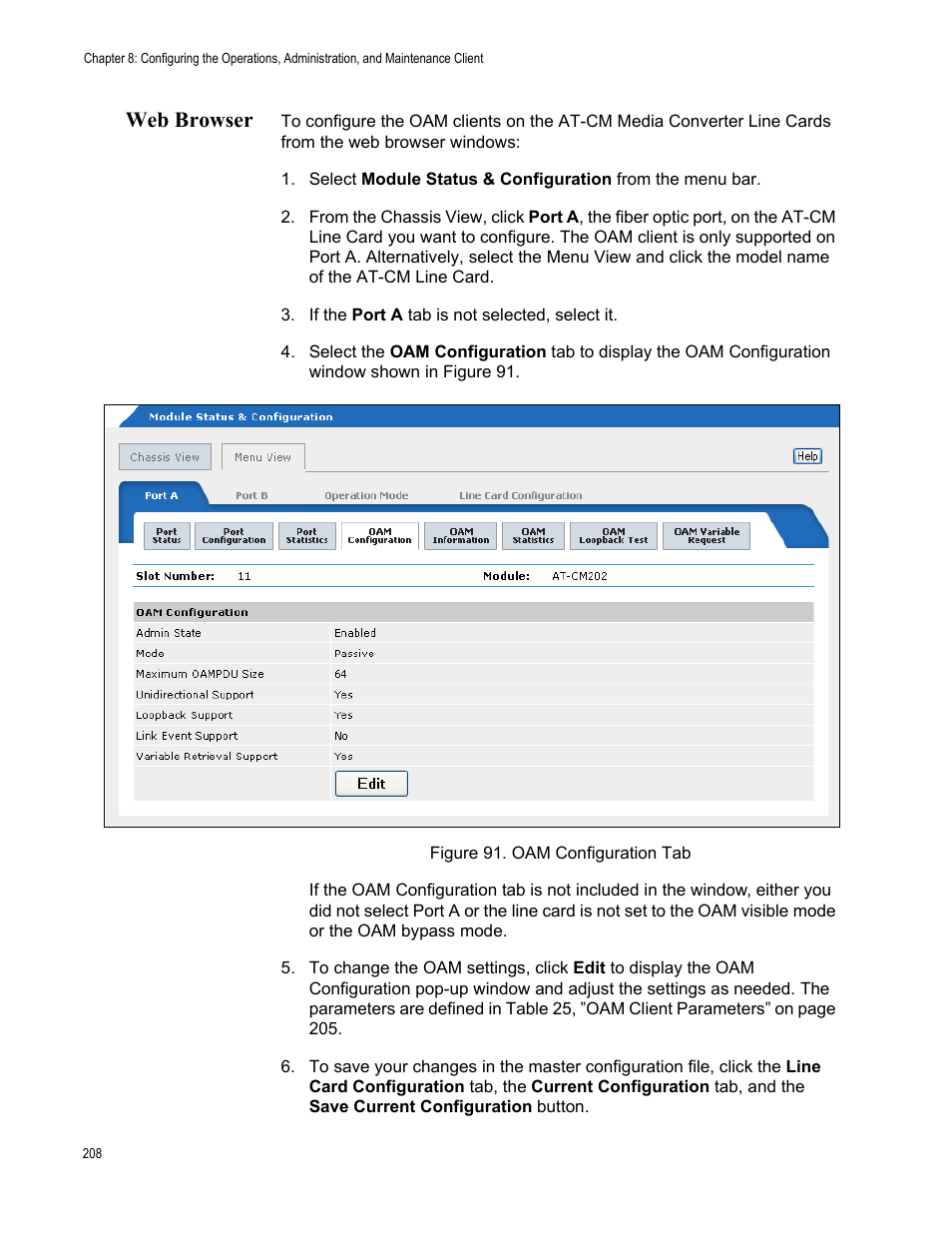 Web browser, Figure 92. oam configuration tab | Allied Telesis AT-S99 User Manual | Page 208 / 320