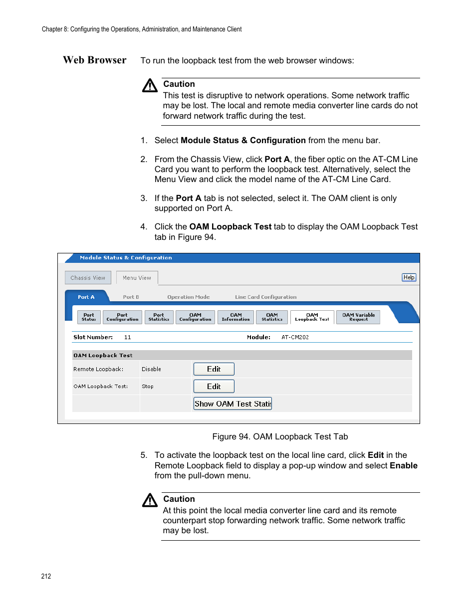Web browser, Figure 95. oam loopback test tab | Allied Telesis AT-S99 User Manual | Page 212 / 320