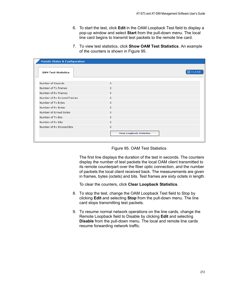 Figure 96. oam test statistics | Allied Telesis AT-S99 User Manual | Page 213 / 320