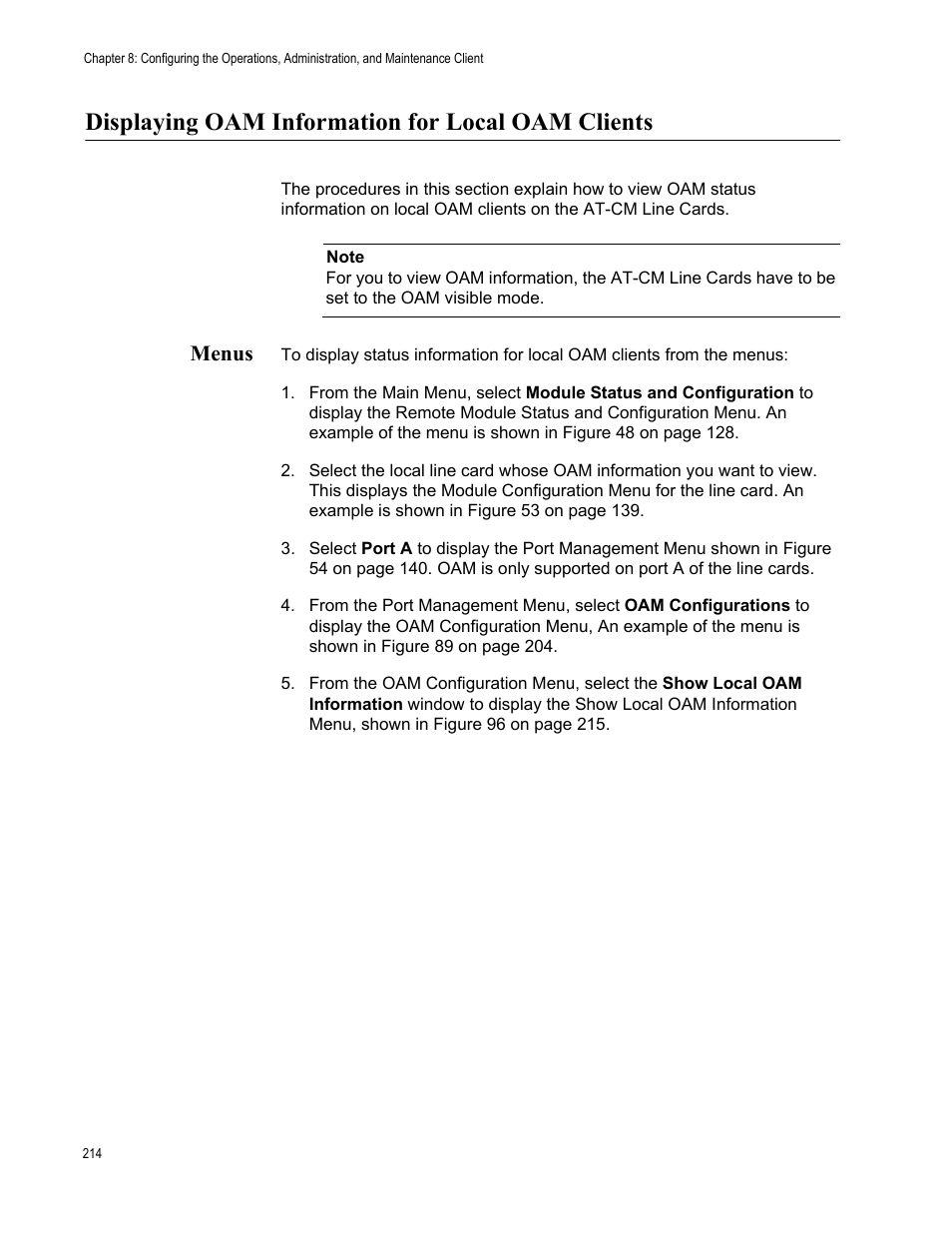 Displaying oam information for local oam clients, Menus | Allied Telesis AT-S99 User Manual | Page 214 / 320