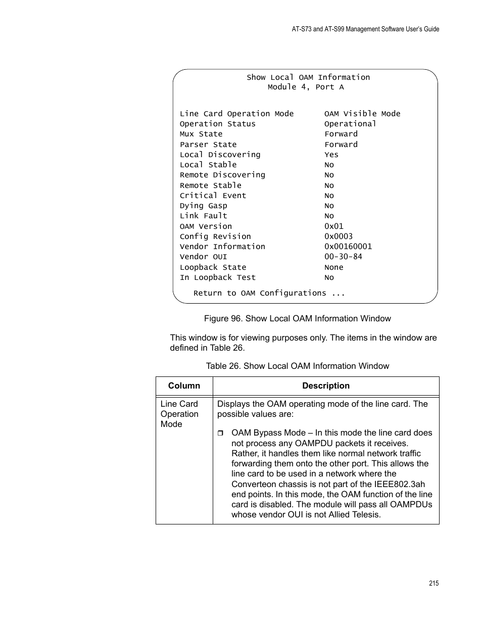Figure 97. show local oam information window, Table 27. show local oam information window | Allied Telesis AT-S99 User Manual | Page 215 / 320