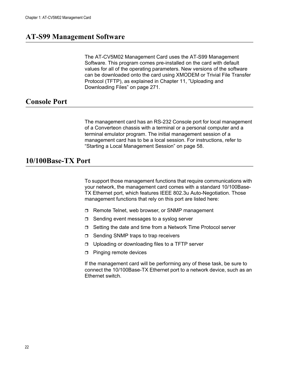 At-s99 management software, Console port, 10/100base-tx port | Allied Telesis AT-S99 User Manual | Page 22 / 320