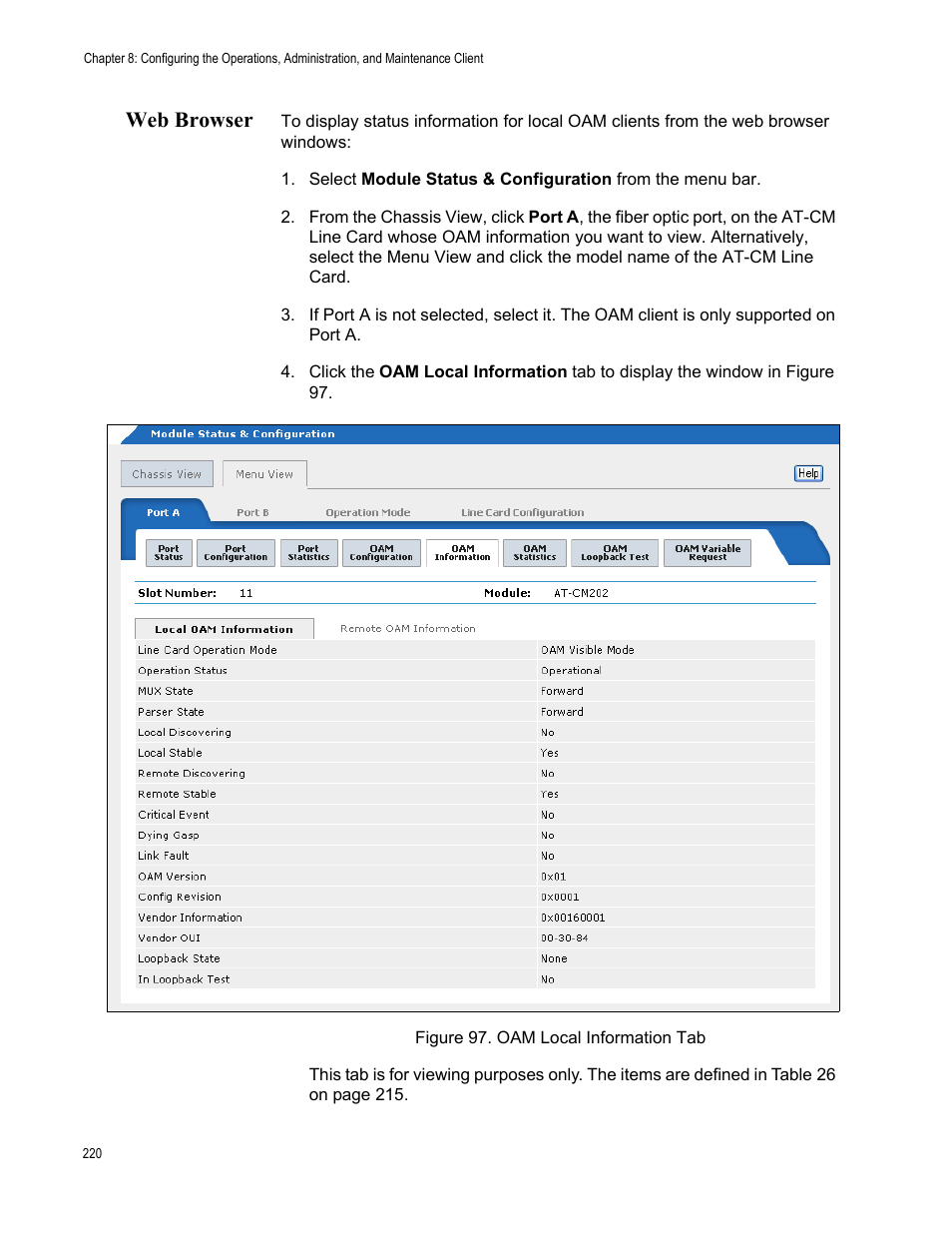 Web browser, Figure 98. oam local information tab | Allied Telesis AT-S99 User Manual | Page 220 / 320