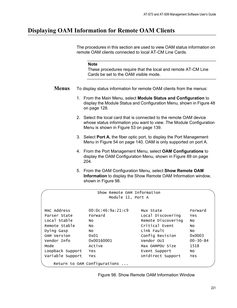 Displaying oam information for remote oam clients, Menus, Figure 99. show remote oam information window | Allied Telesis AT-S99 User Manual | Page 221 / 320