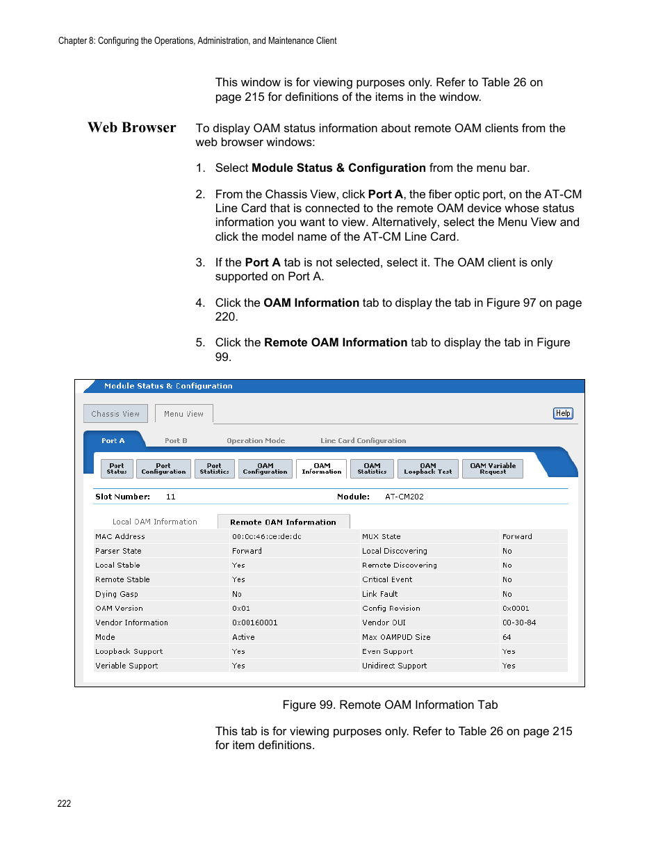 Web browser, Figure 100. remote oam information tab | Allied Telesis AT-S99 User Manual | Page 222 / 320