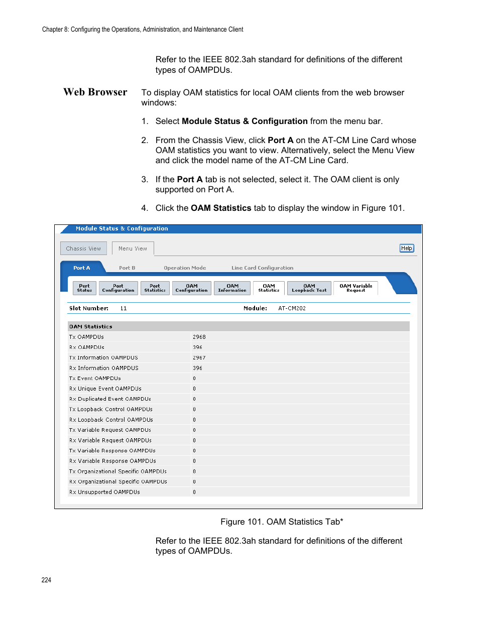 Web browser, Figure 102. oam statistics tab | Allied Telesis AT-S99 User Manual | Page 224 / 320