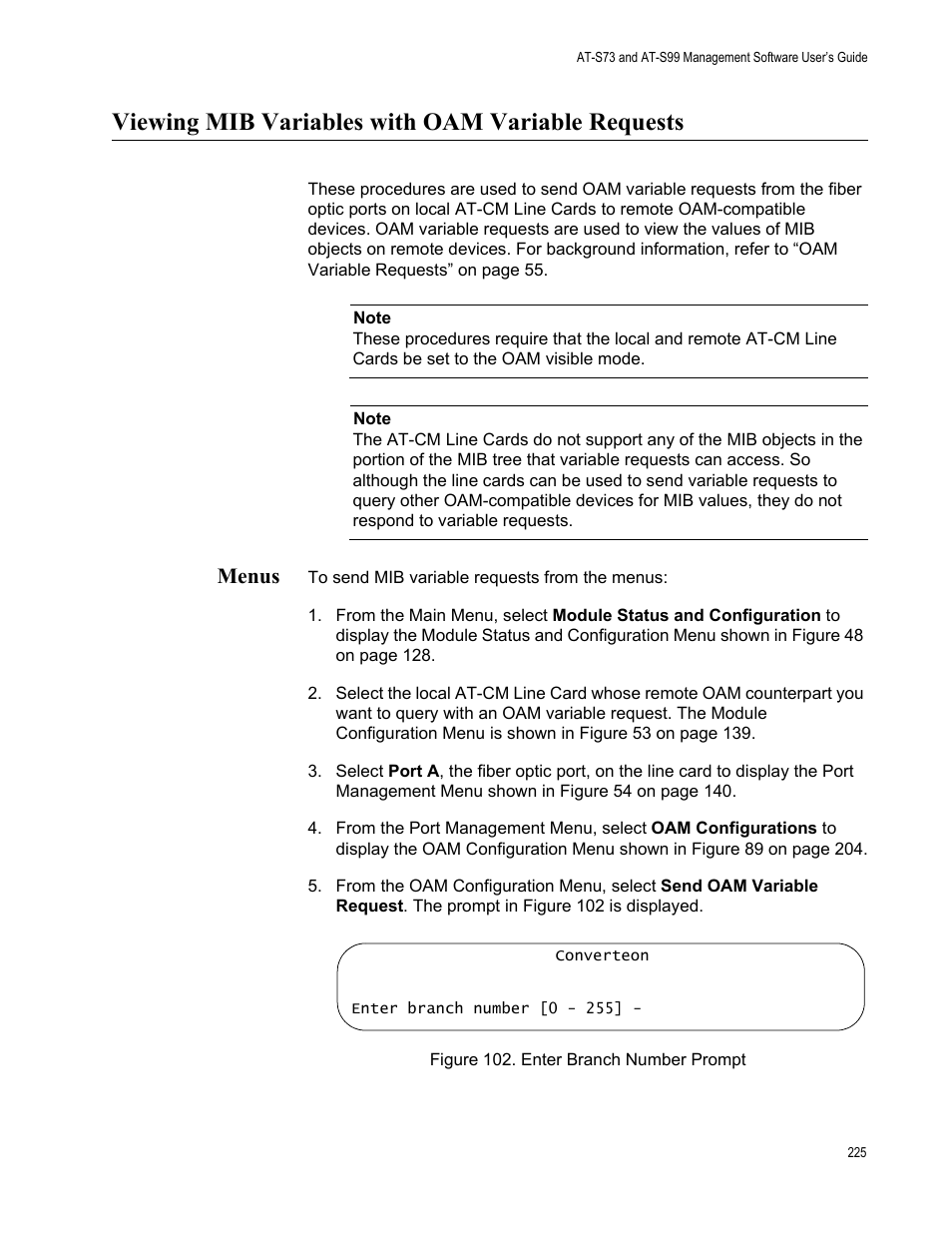 Viewing mib variables with oam variable requests, Menus, Figure 103. enter branch number prompt | Allied Telesis AT-S99 User Manual | Page 225 / 320